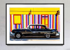 Vintage Car Against Colorful Striped  Yellow Wall   - Primary Colors