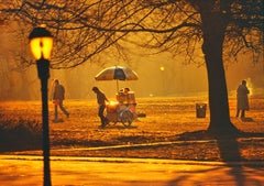 Escena vintage de Central Park bajo una luz dorada y bronciza, Nueva York