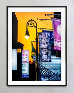 Vintage NYC Lamp Post Colorful Banners Print with Glowing Sky, 20th Century Art