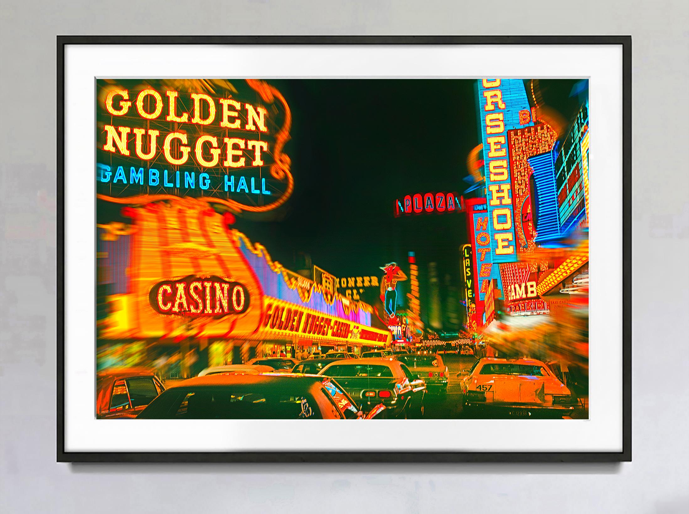 Vintage Las Vegas Golden Nugget Fremont Street at Night  - Photograph by Mitchell Funk