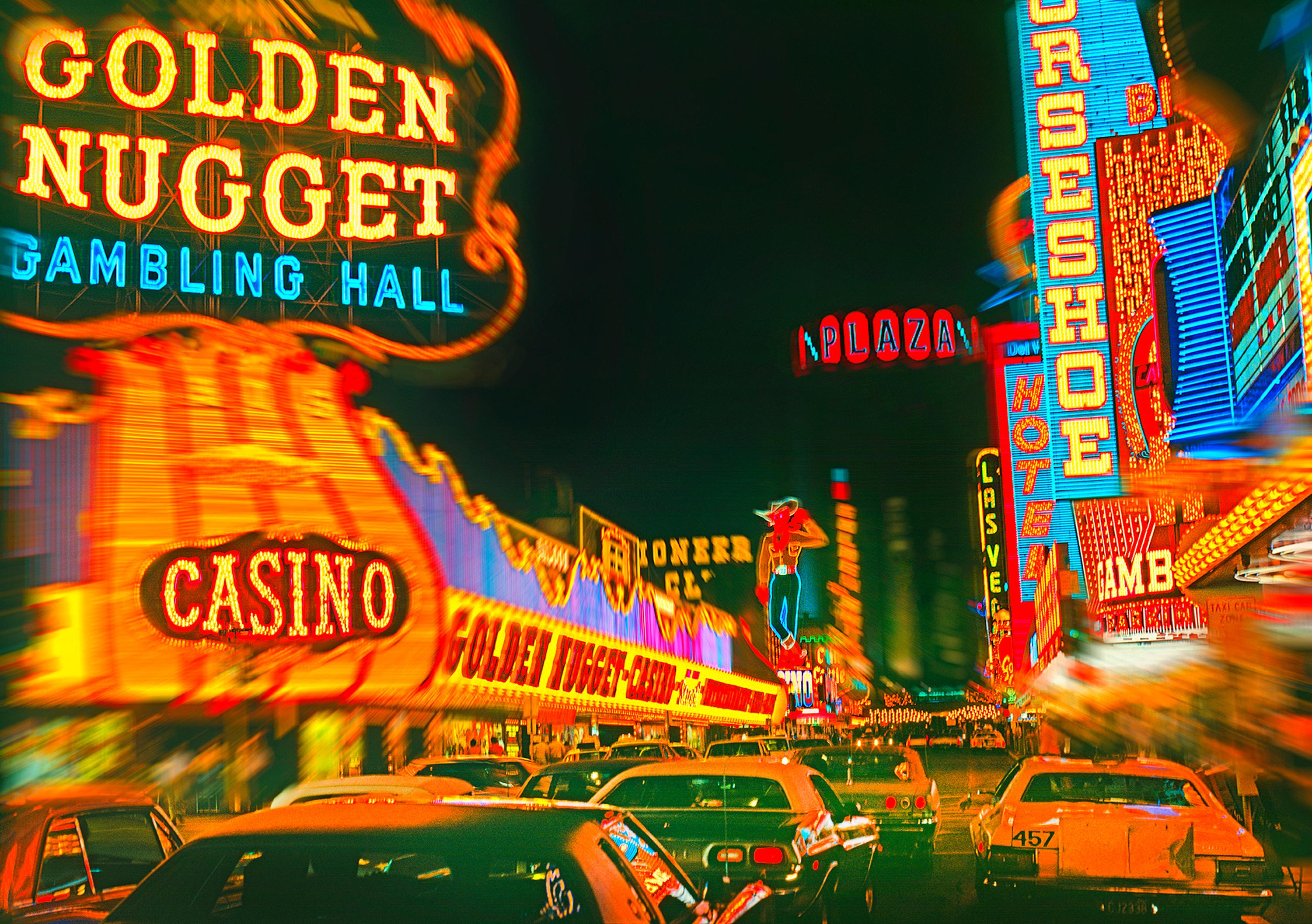 Color Photograph Mitchell Funk - Vintage Las Vegas Golden Nugget Street at Night - La rue de Fremont 