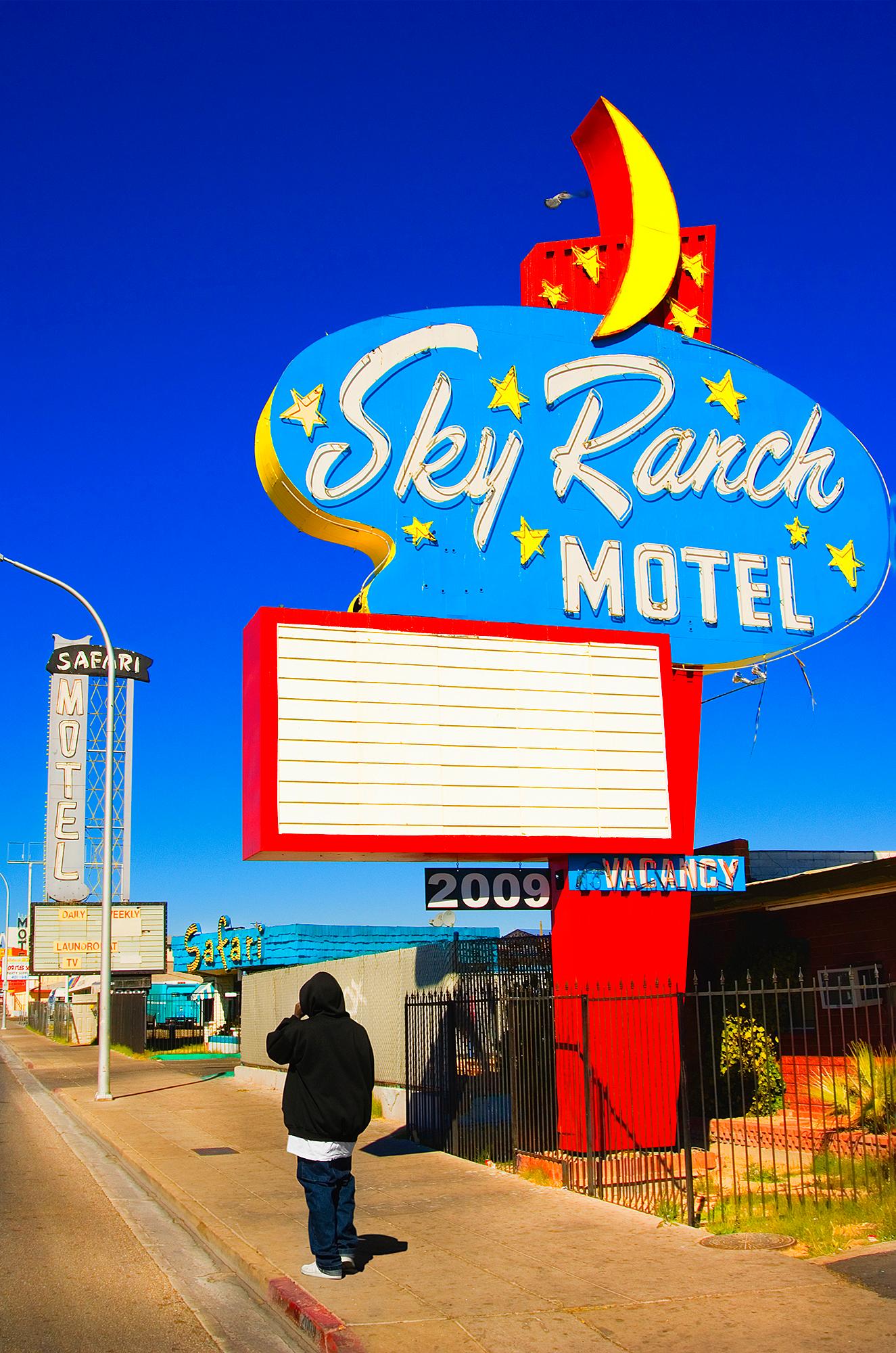 Mitchell Funk Landscape Photograph - Vintage Las Vegas Motel Sign - Mid Century Sky Ranch Motel