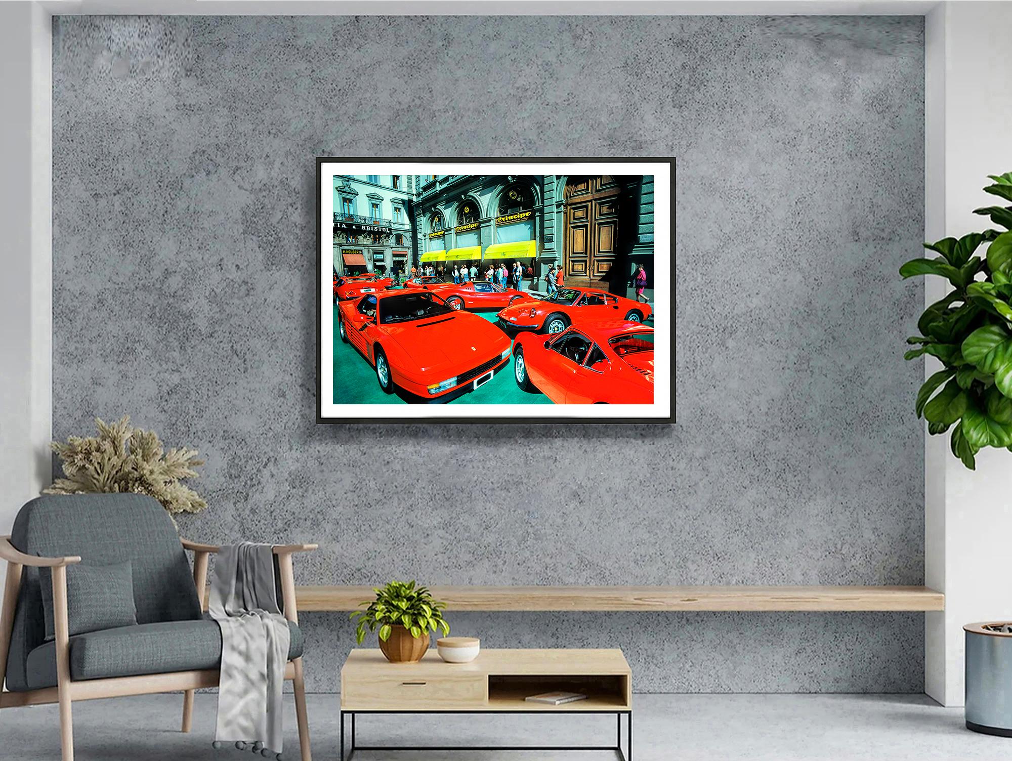 Ferrari rouge à Florence, Italie  - Voitures de course,  Cars de sport rouges - Géométrique abstrait Photograph par Mitchell Funk