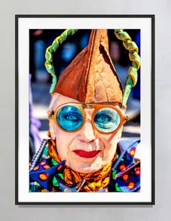 Whimsical Woman with Colorfully Fanciful Outfit Blue Eyeglasses