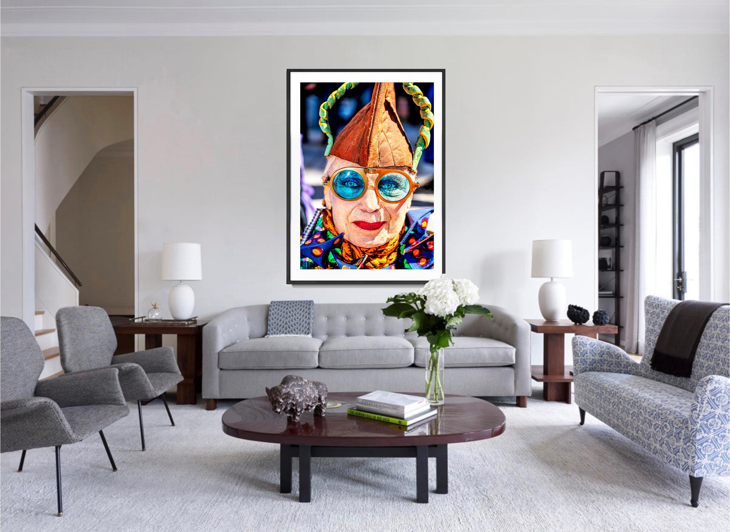 Whimsical Woman with Colorfully Fanciful Outfit Blue Eyeglasses - Contemporary Photograph by Mitchell Funk
