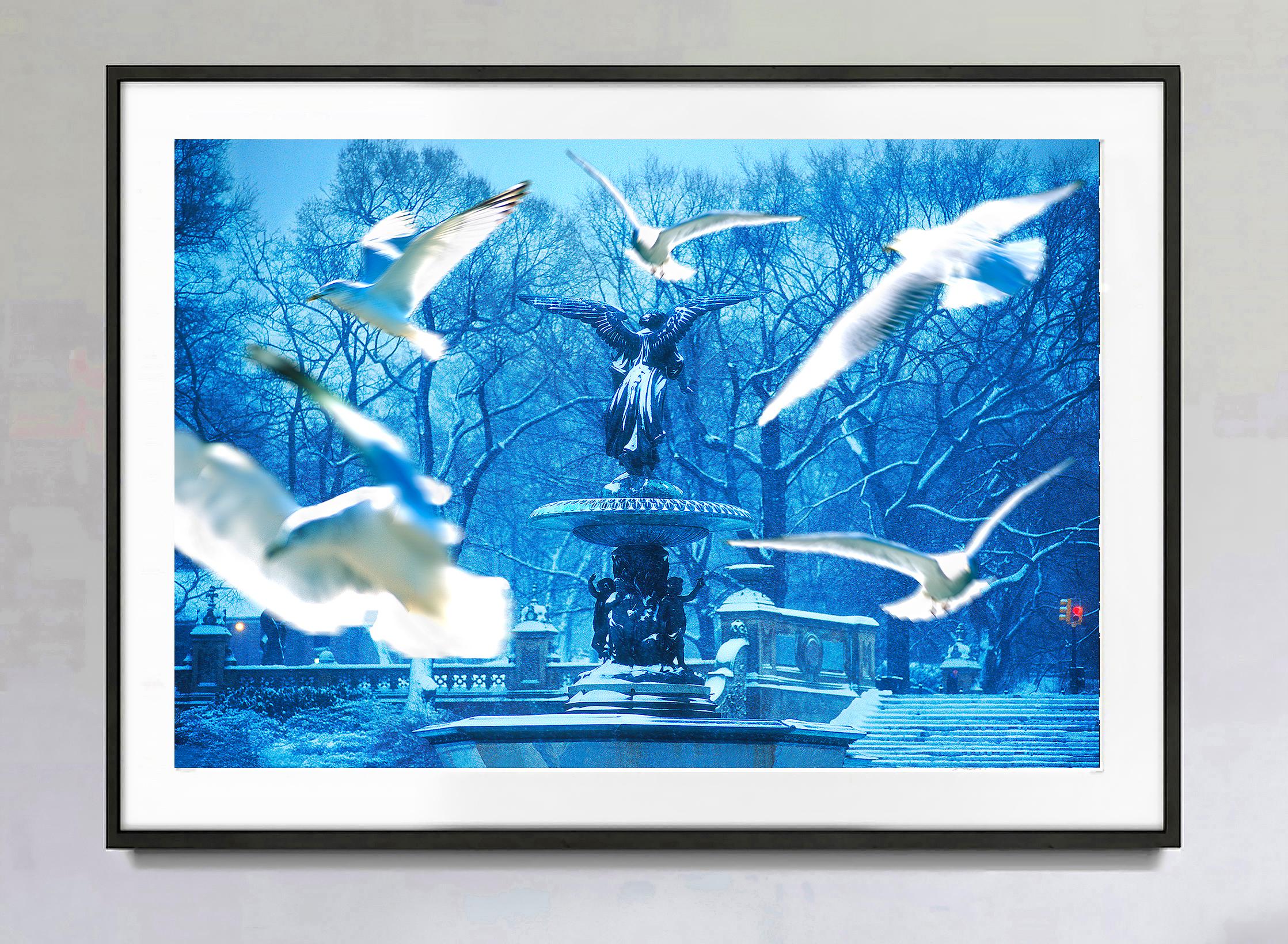 White Doves over New York City Bethesda Fountain in the Snow  Romantic - Photograph by Mitchell Funk