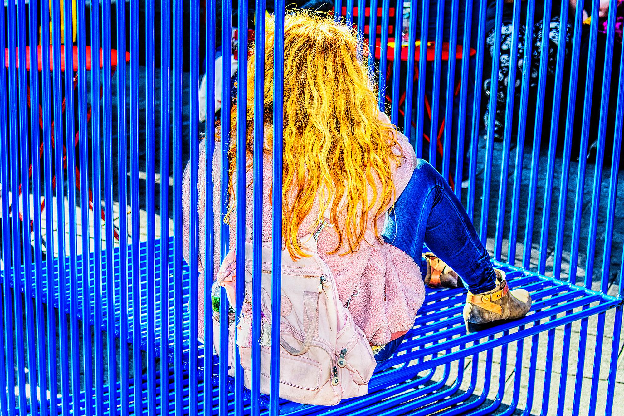 Mitchell Funk Color Photograph - Yellow Girl in Blue Bars