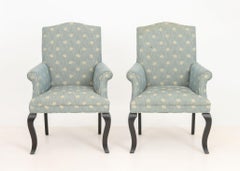 Mitchell Gold Blue Upholstered Armchairs, Ebonized Cabriole Legs, Pair