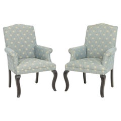 Mitchell Gold Blue Upholstered Armchairs, Ebonized Cabriole Legs, Pair