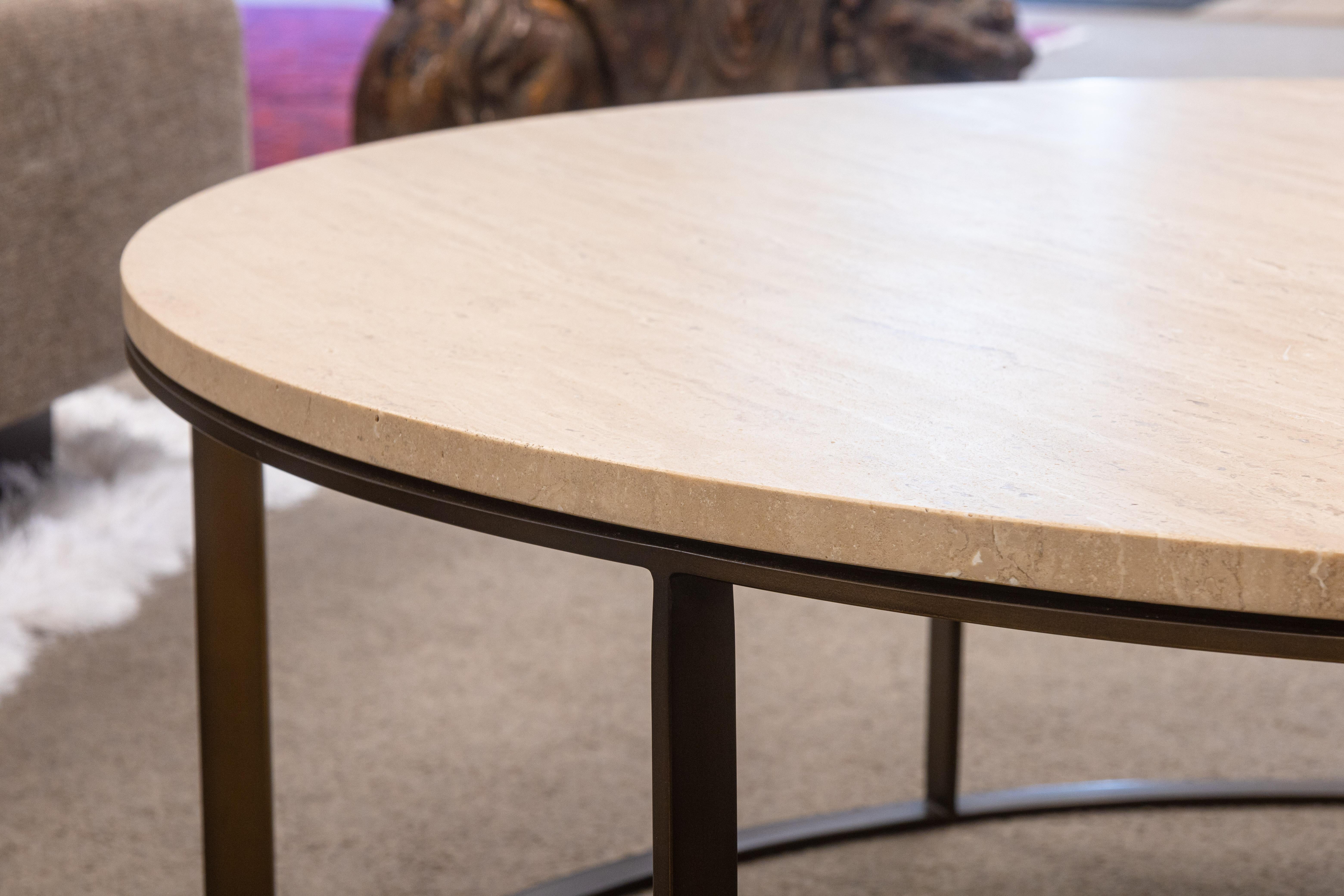 Mitchell Gold Bob Williams Contemporary Modern Round Travertine Coffee Table In Good Condition For Sale In Keego Harbor, MI