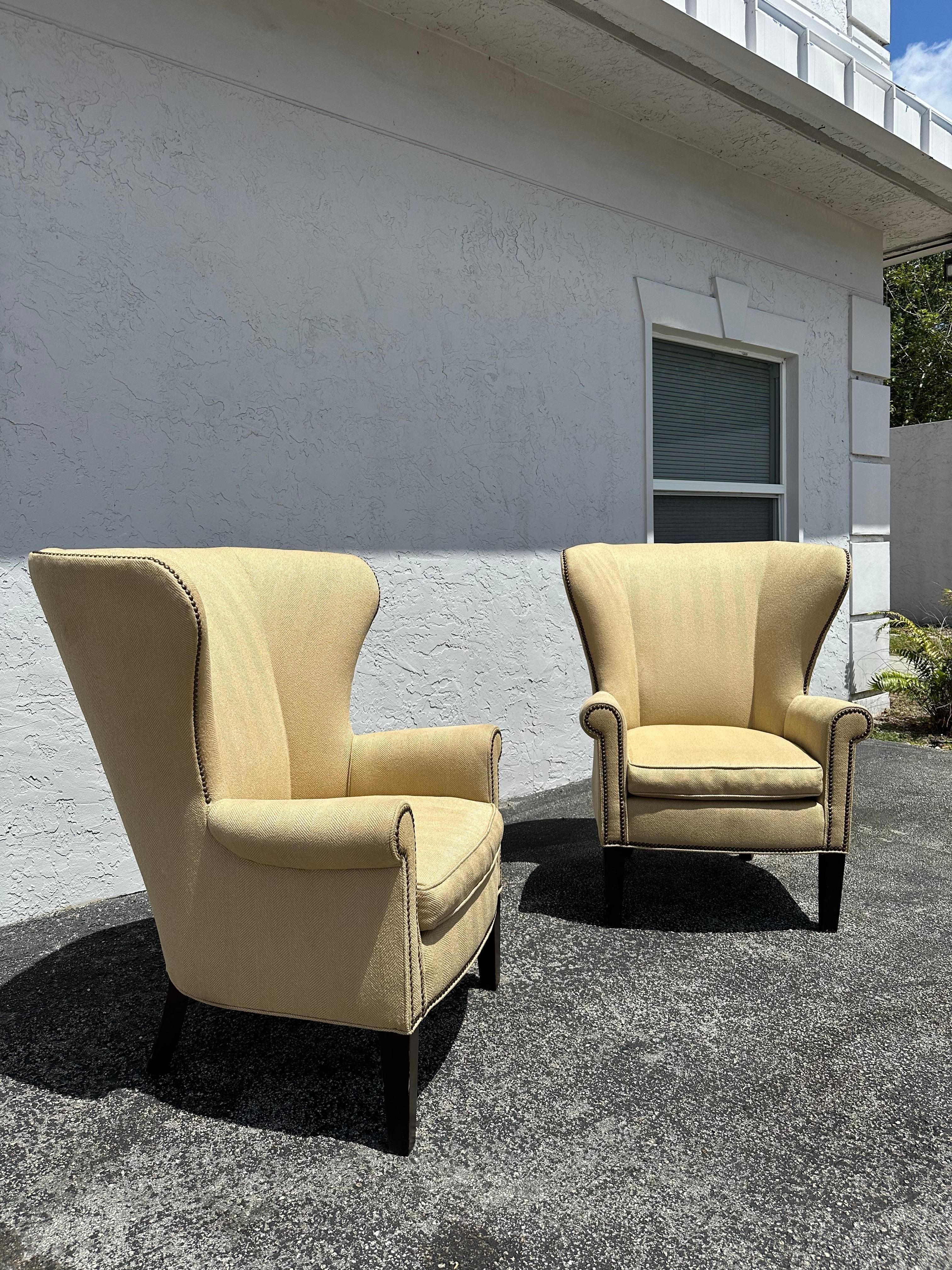 Contemporary Mitchell Gold + Bob Williams Herringbone Beige Wingback Armchairs,  Set of 2 For Sale