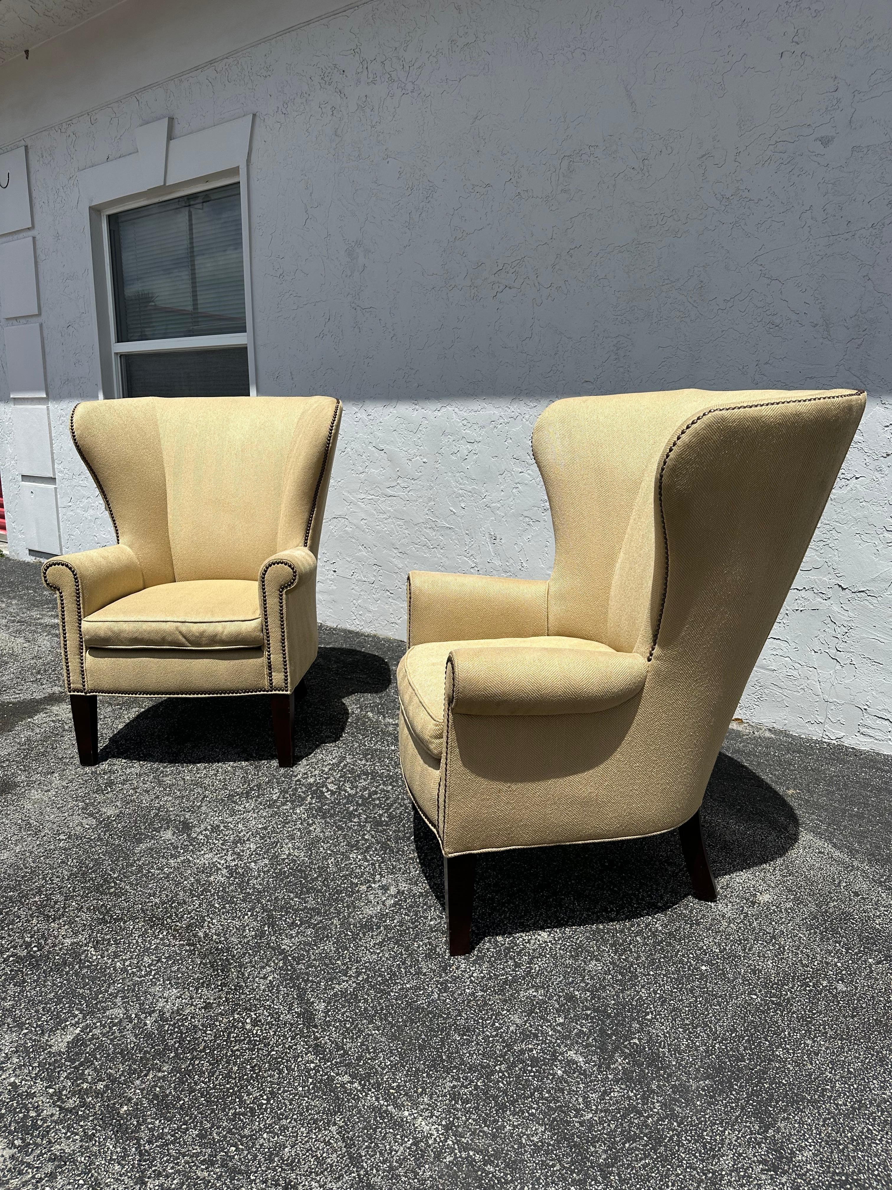 Upholstery Mitchell Gold + Bob Williams Herringbone Beige Wingback Armchairs,  Set of 2 For Sale