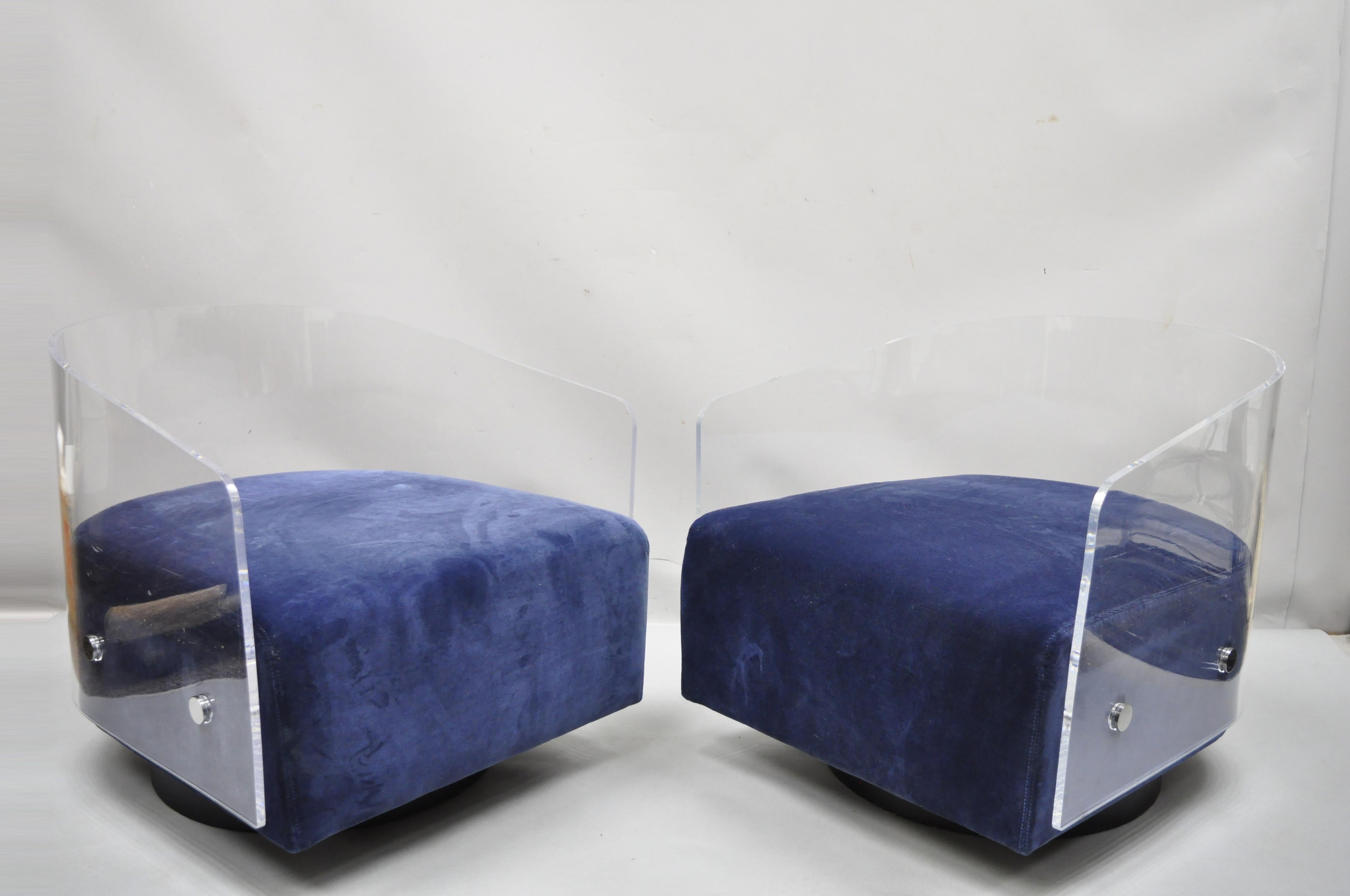 Fabric Mitchell Gold & Bob Williams Lucite Lucy Swivel Blue Club Lounge Chairs, a Pair For Sale