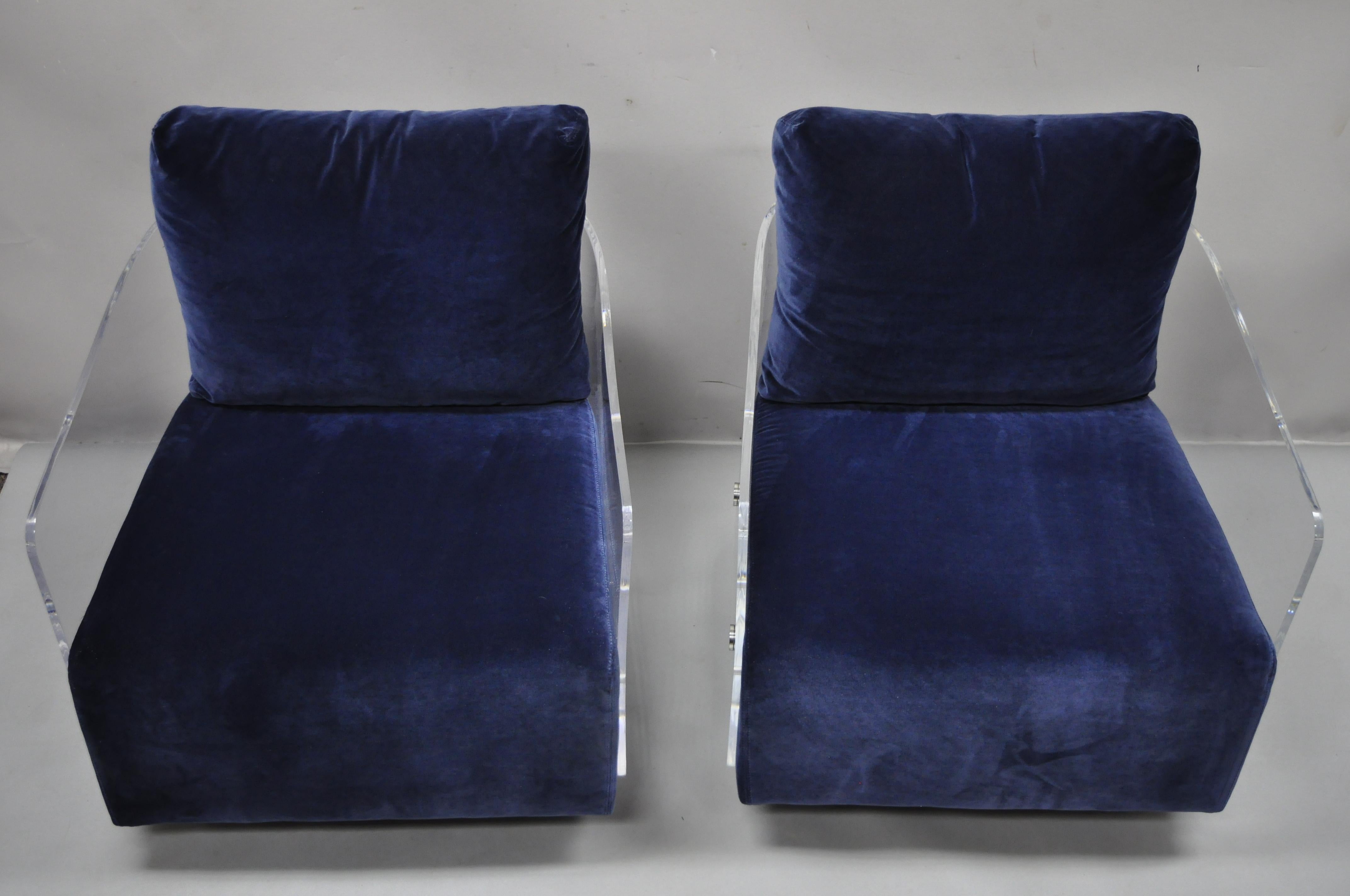 Mitchell Gold & Bob Williams Lucite Lucy Swivel Blue Club Lounge Chairs, a Pair For Sale 1