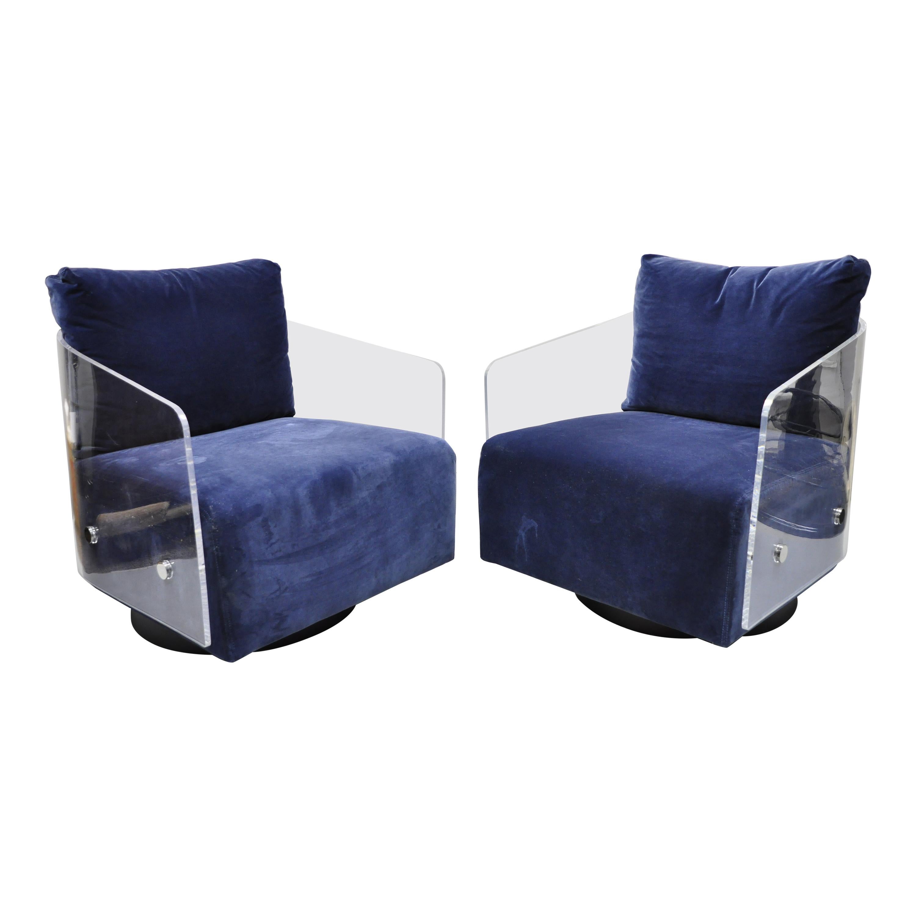 Mitchell Gold & Bob Williams Lucite Lucy Swivel Blue Club Lounge Chairs, a Pair