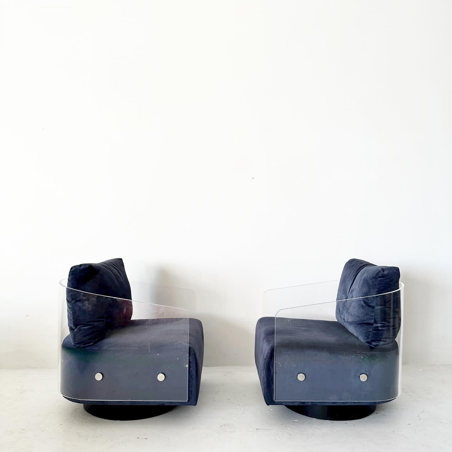 Space Age Mitchell Gold & Bob Williams Lucite Lucy Swivel Blue Club Lounge Chairs For Sale