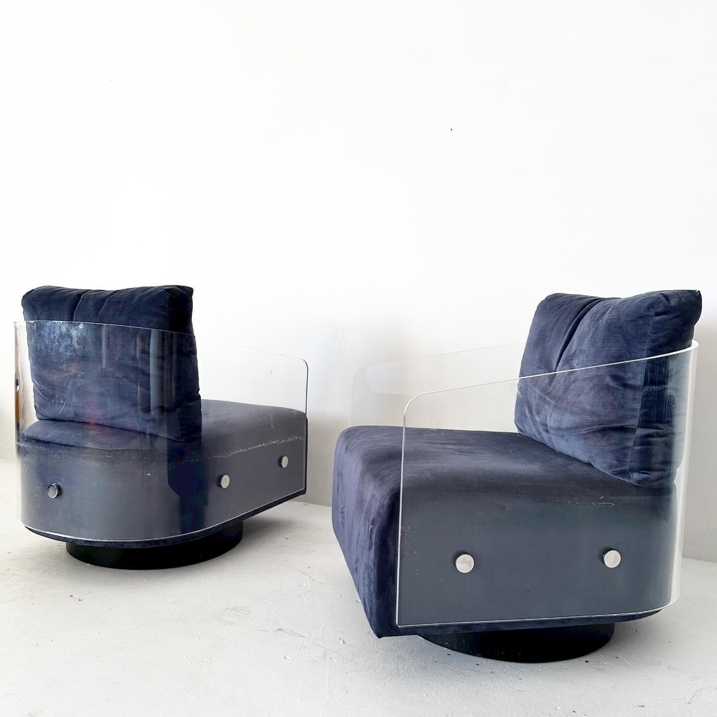 American Mitchell Gold & Bob Williams Lucite Lucy Swivel Blue Club Lounge Chairs For Sale