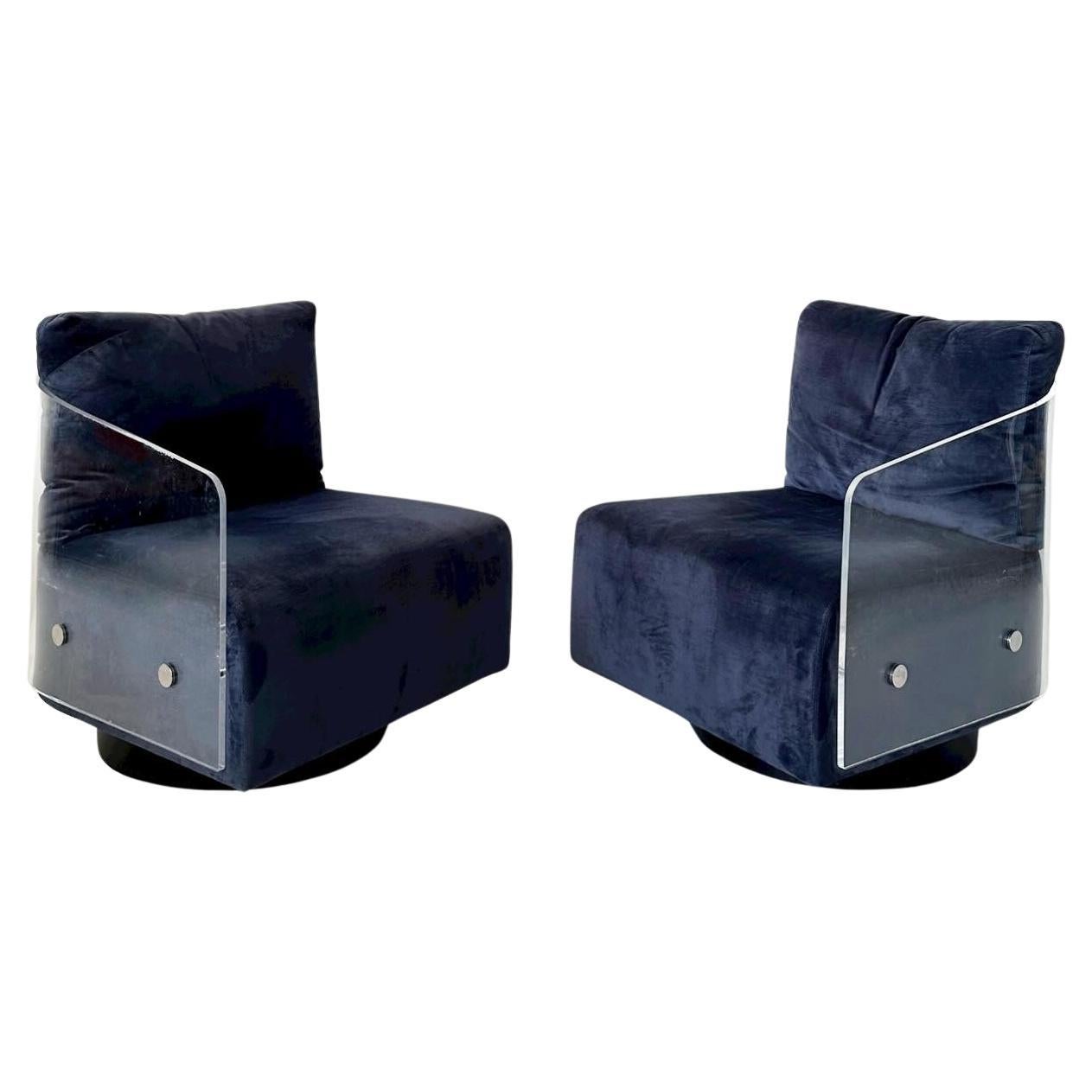 Mitchell Gold & Bob Williams Lucite Lucy Swivel Blue Club Lounge Chairs For Sale