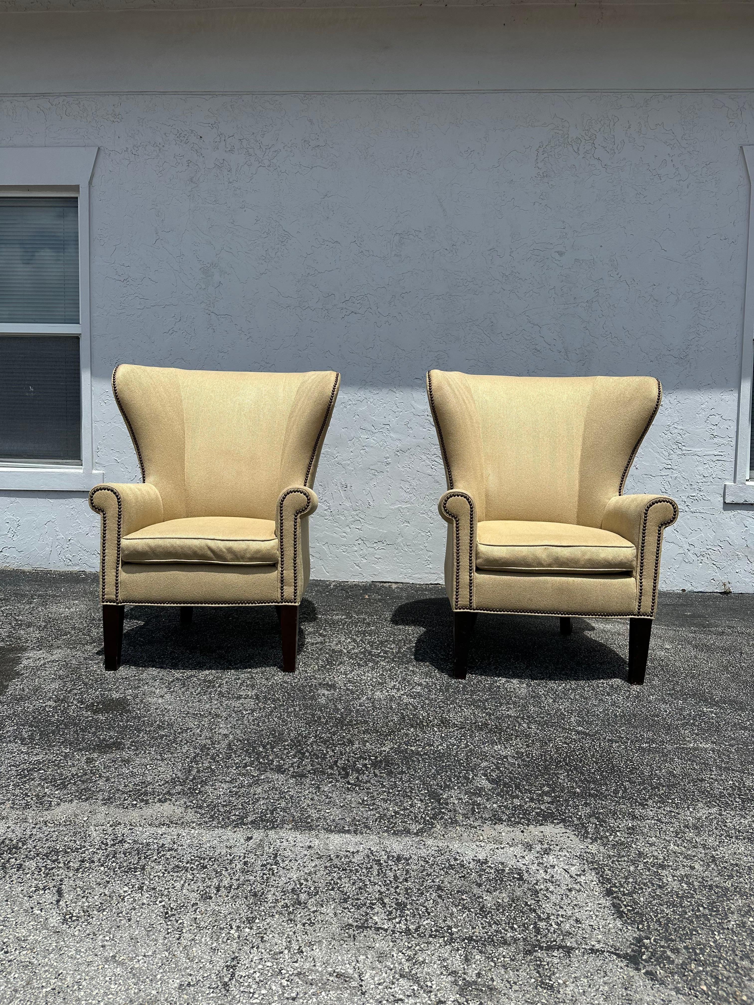 American Classical Mitchell Gold + Bob Williams Herringbone Beige Wingback Armchairs,  Set of 2 For Sale