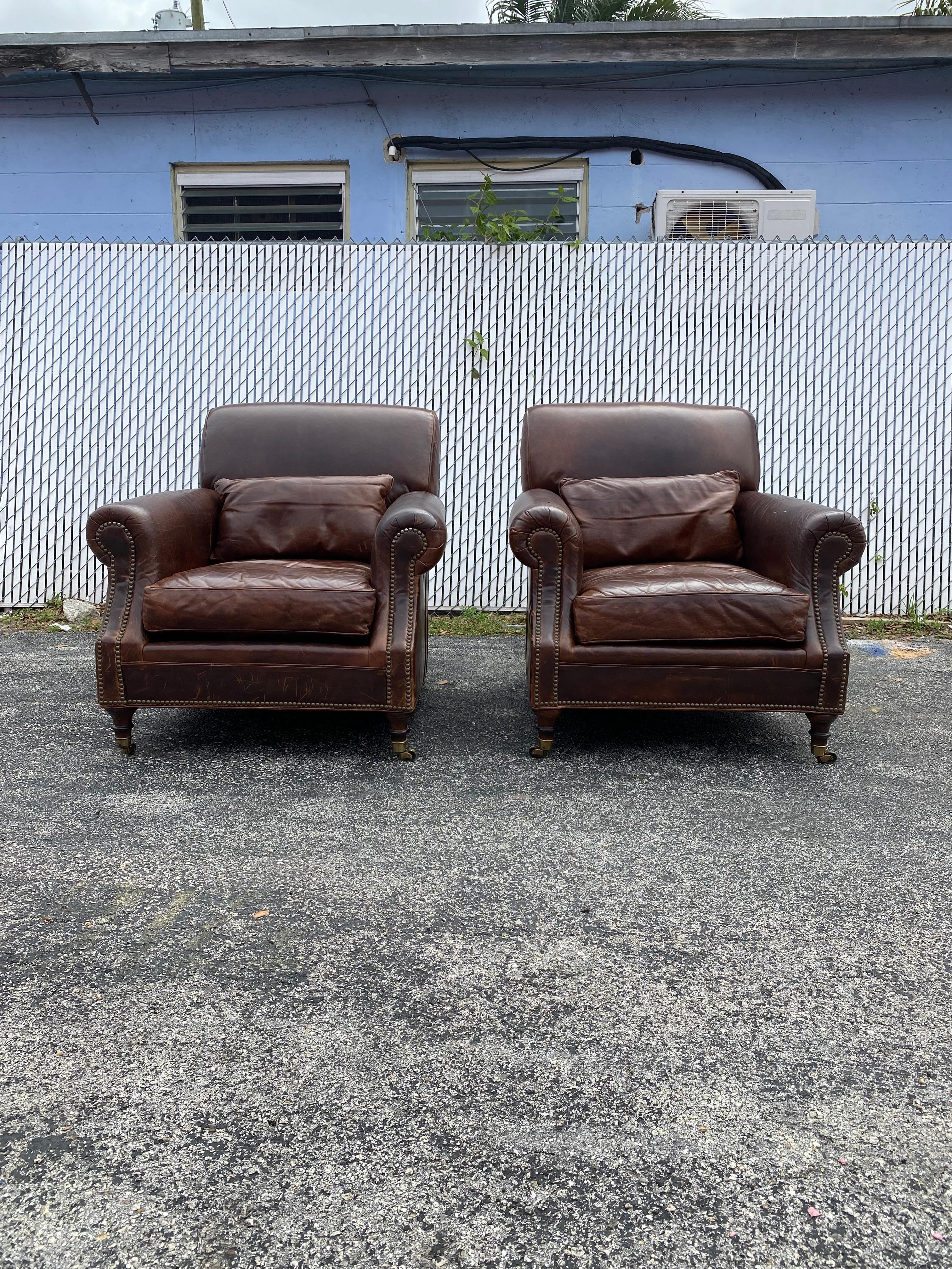 On offer on this occasion is one of the most stunning and rare, Mitchell Gold and Bob Williams, vintage leather club chairs on castors set you could hope to find. In the style of George Smith. Outstanding design is exhibited throughout. The