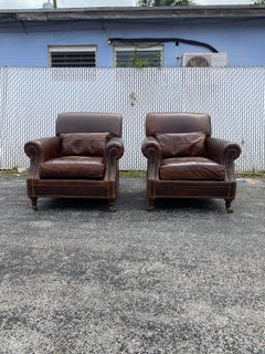 Mitchell Gold Williams English Rolled Arm Leather Castors Club Chairs, Set of 2