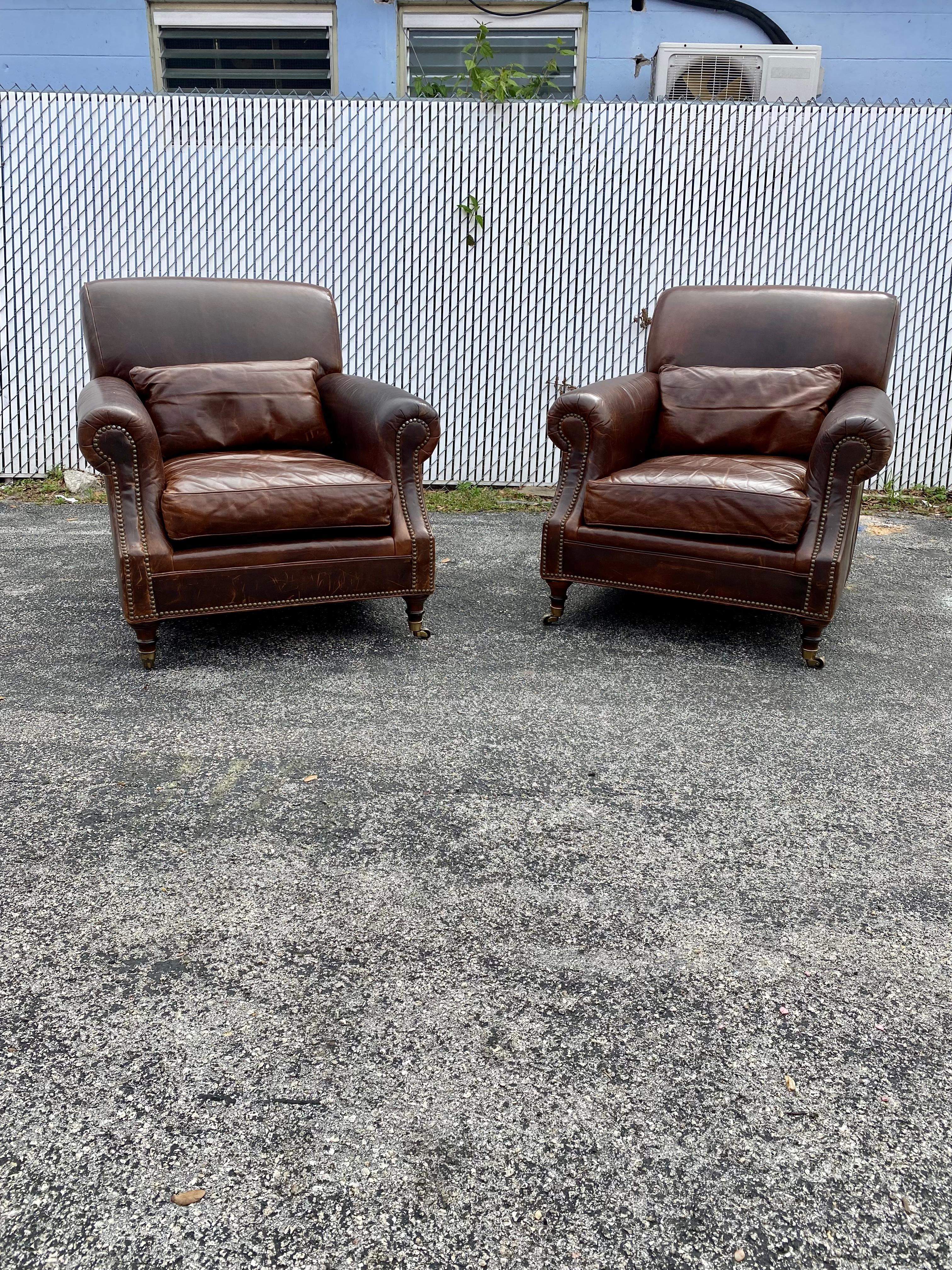 Art Deco Mitchell Gold Williams English Rolled Arm Leather Castors Club Chairs, Set of 2 For Sale