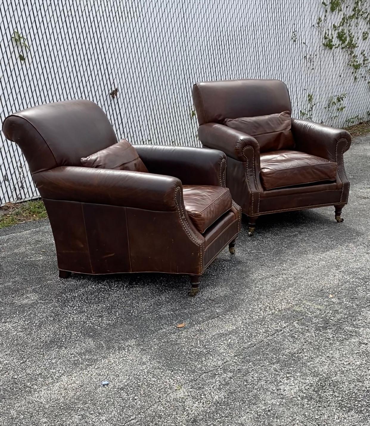 American Mitchell Gold Williams English Rolled Arm Leather Castors Club Chairs, Set of 2 For Sale