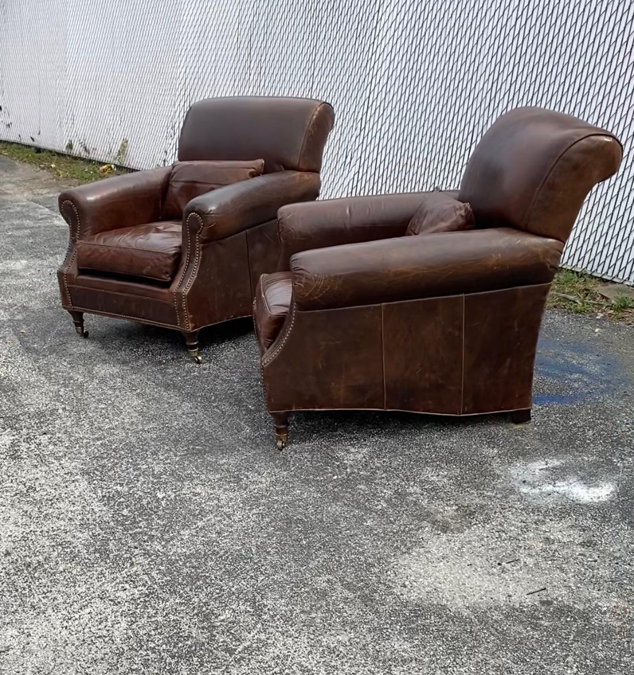 Mitchell Gold Williams English Rolled Arm Leather Castors Club Chairs, Set of 2 In Distressed Condition For Sale In Fort Lauderdale, FL