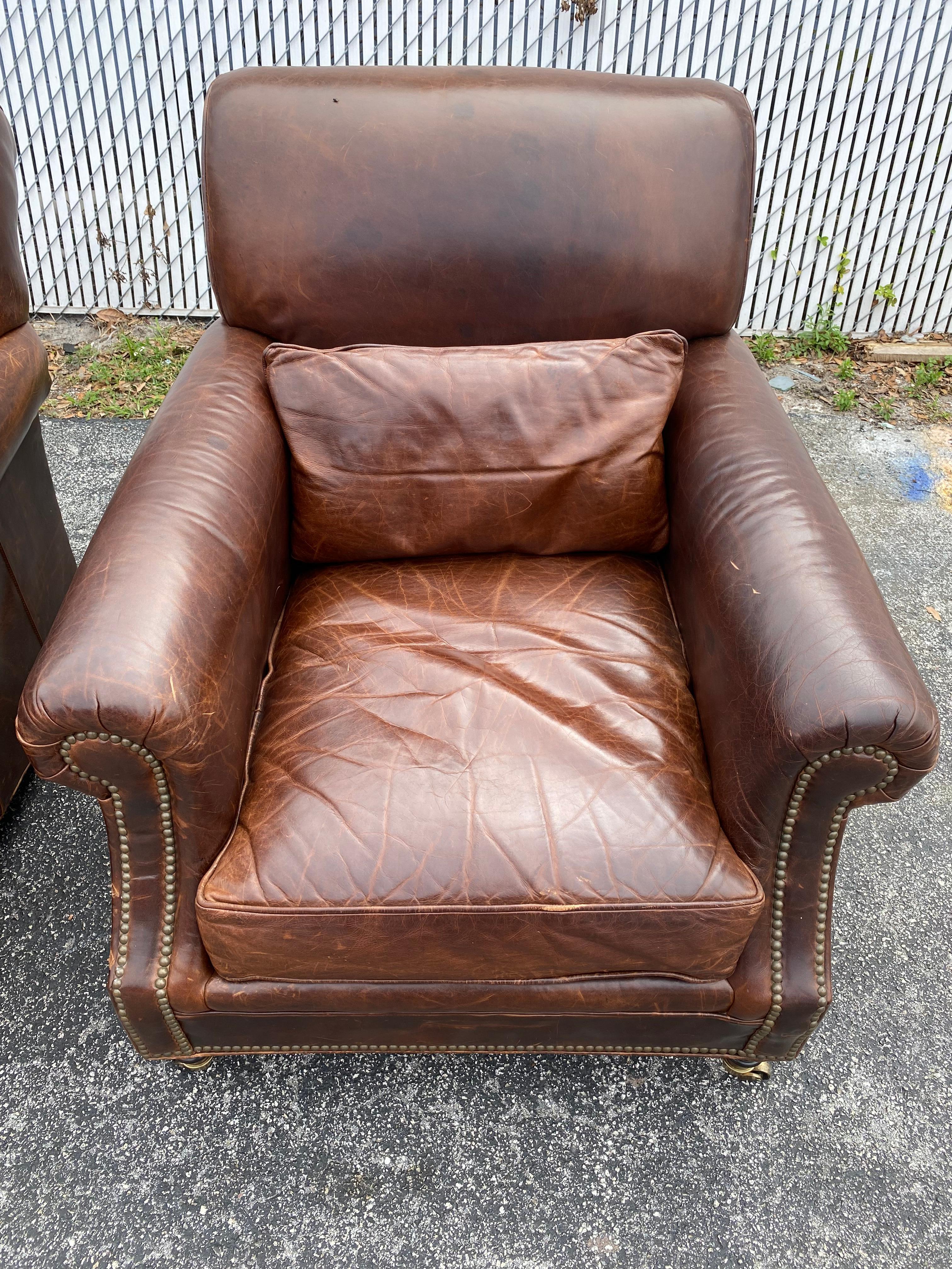 Mitchell Gold Williams English Rolled Arm Leather Castors Club Chairs, Set of 2 In Distressed Condition For Sale In Fort Lauderdale, FL