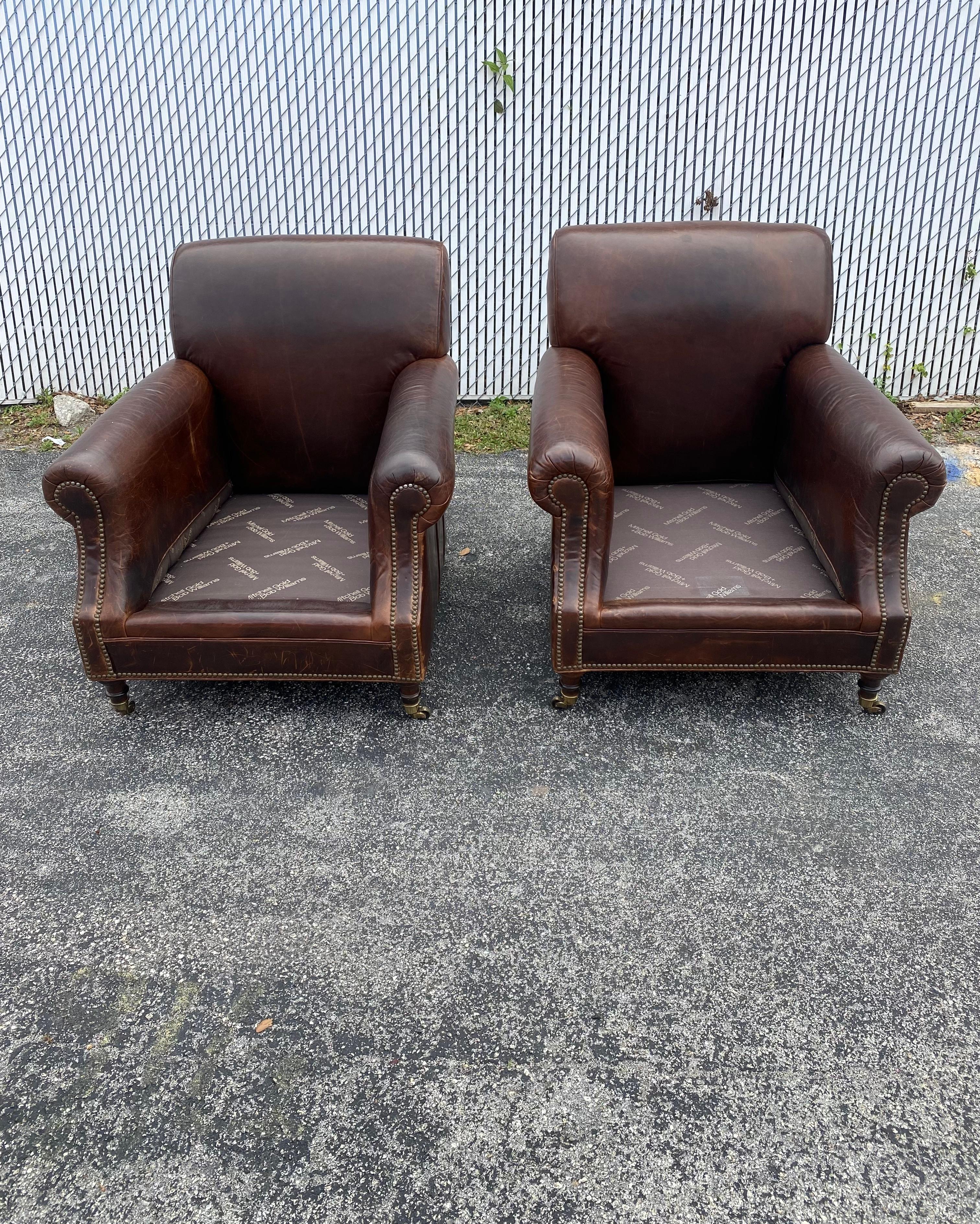 Mitchell Gold Williams English Rolled Arm Leather Castors Club Chairs, Set of 2 For Sale 1