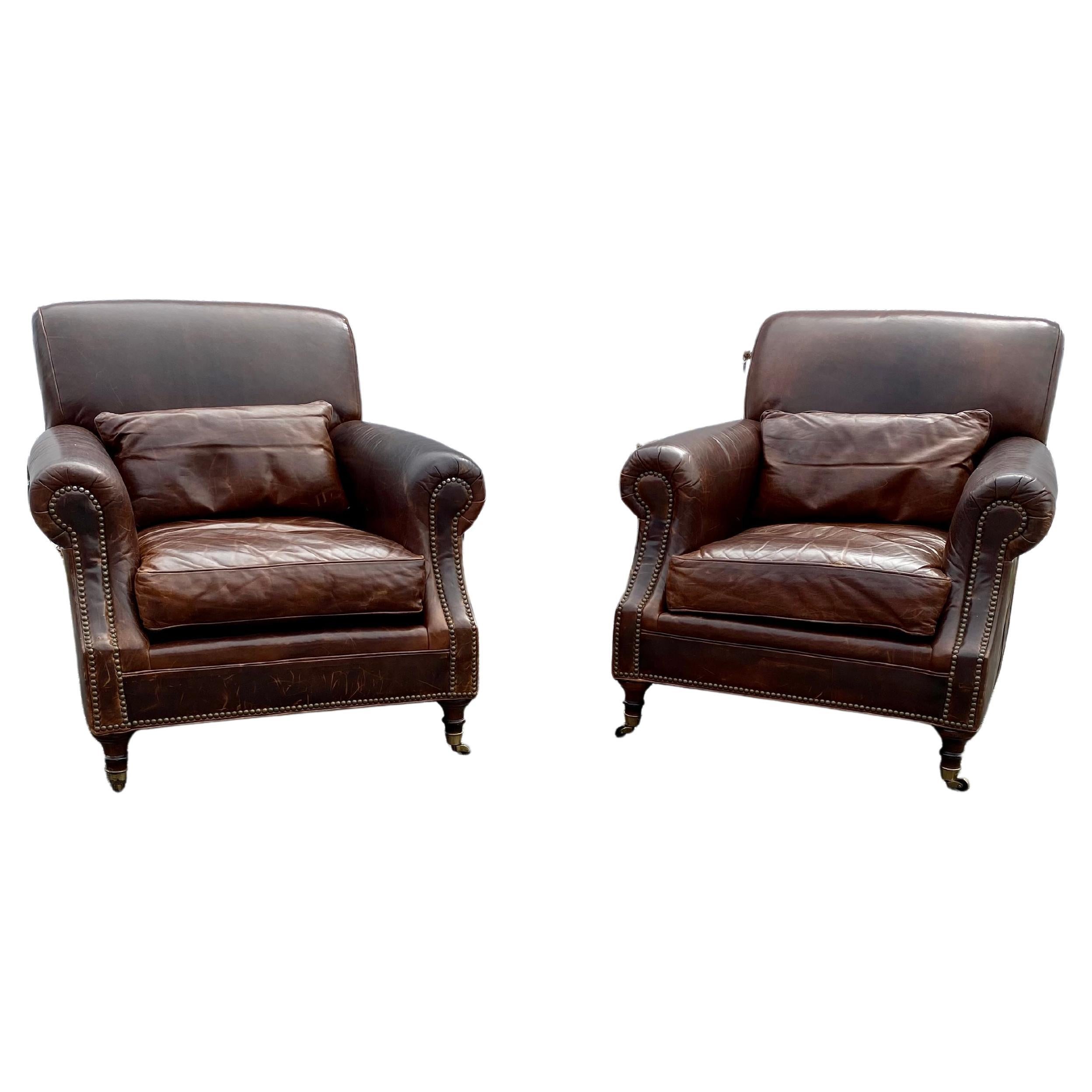 Mitchell Gold Williams English Rolled Arm Leather Castors Club Chairs, Set of 2 For Sale