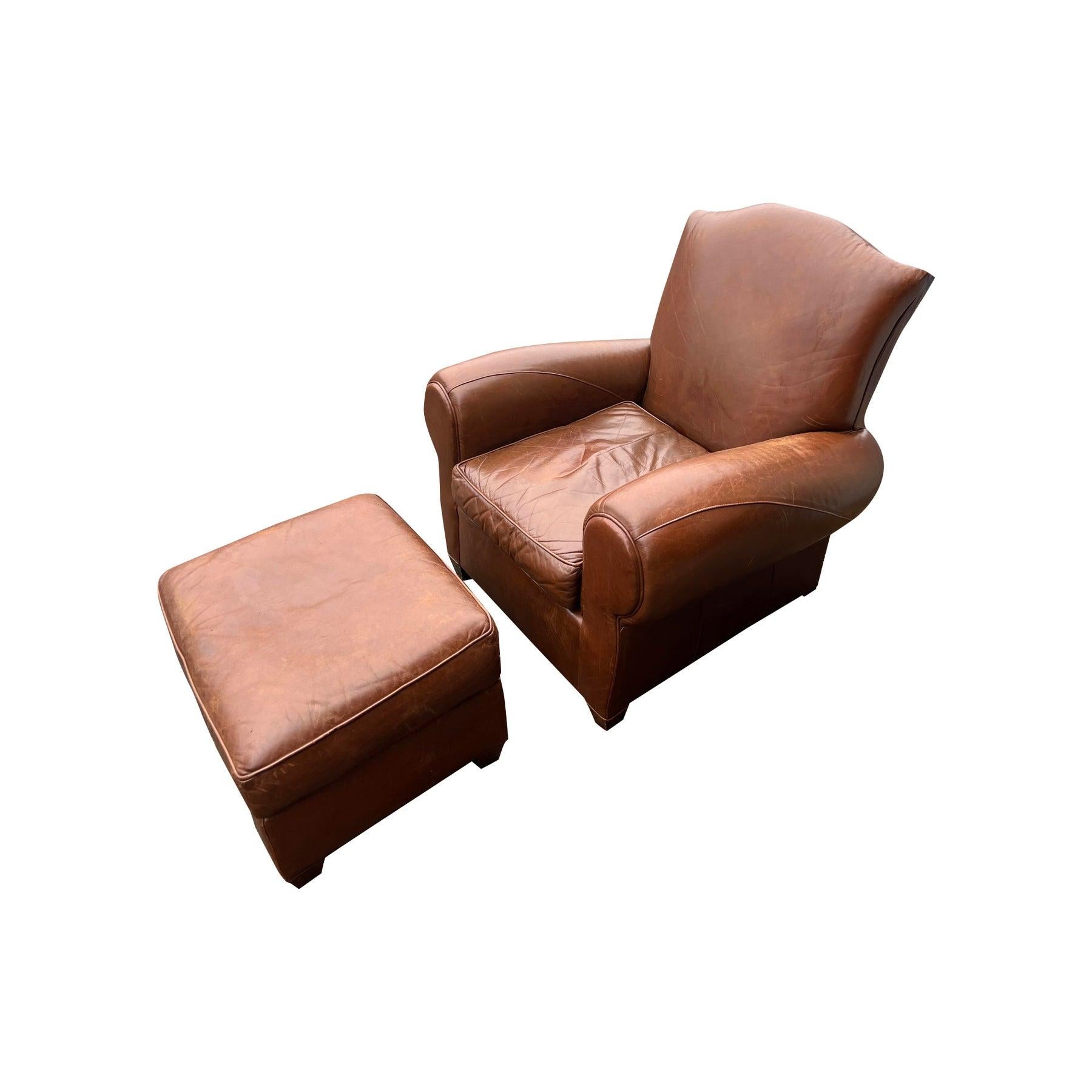 XXI secolo e contemporaneo Sedia e ottomana in pelle Mitchell Gold for Restoration Hardware in vendita