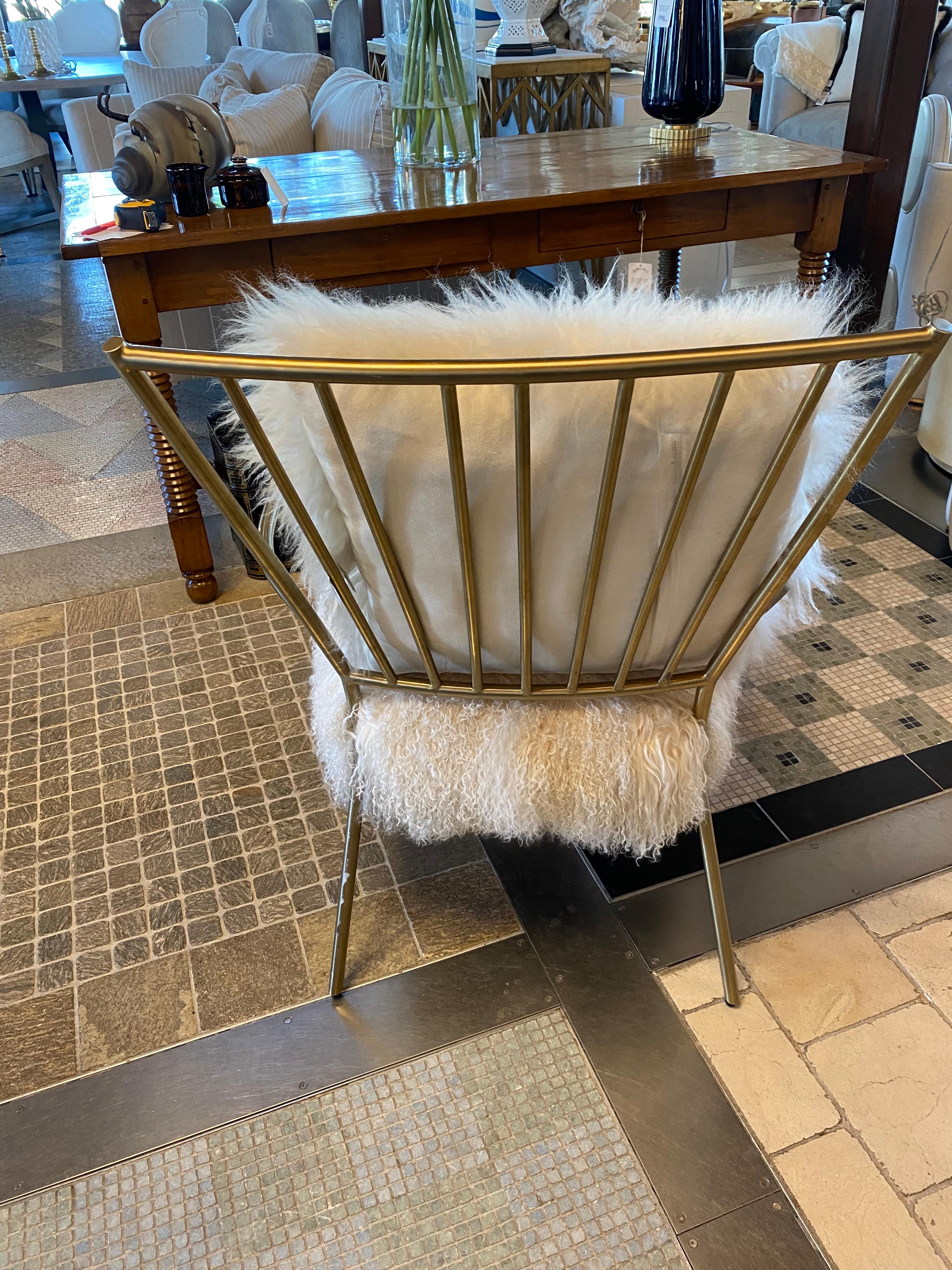 Mitchell Gold Mongolian Sheepskin Chair with Gold Frame In Good Condition In Bridgehampton, NY