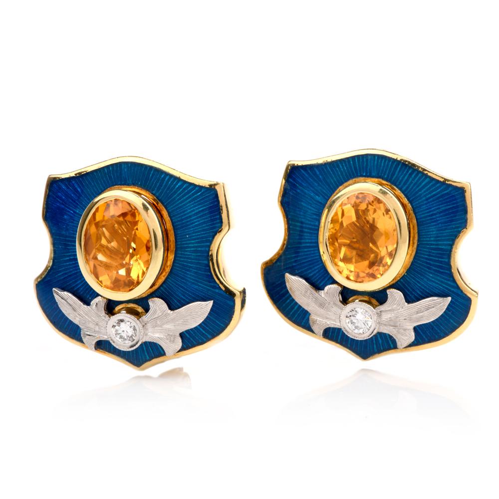 These stunning citrine and diamond earrings are beautifully crafted by American designer, Mitchell Peck in a combination of 18-karat yellow gold and platinum. Weighing 30.8 grams and measuring 24mm long x 23mm wide. Centered with a pair of bezel-set