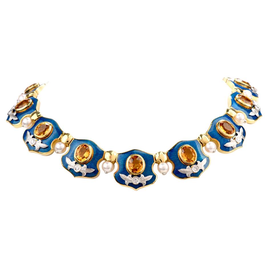 Mitchell Peck Citrine Diamond Pearl 18 Karat Gold Platinum Collar Necklace