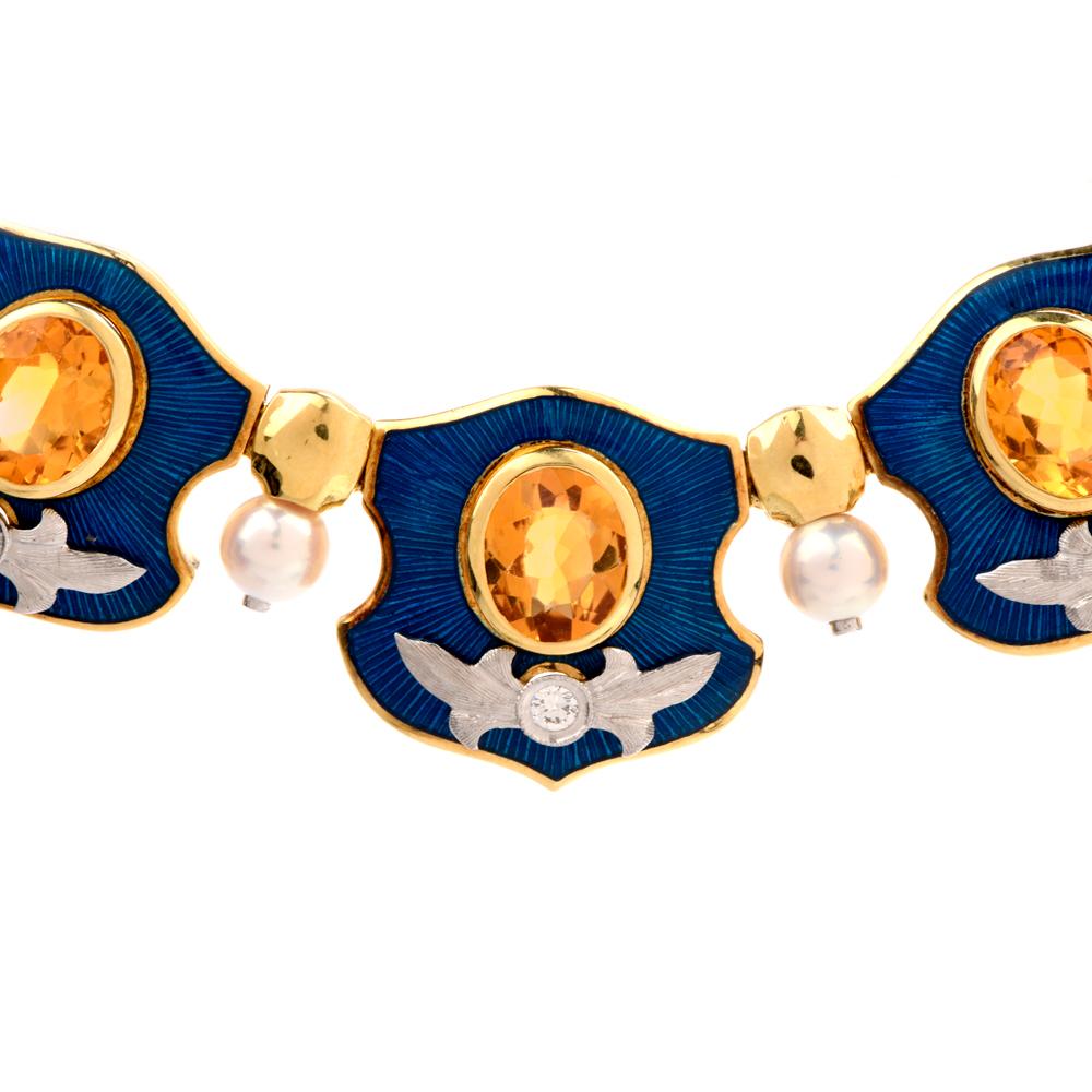 This elagant multi-gem collar necklace is exceptionally crafted by American designer, Mitchell Peck in a combination of 18-karat yellow gold and platinum. Weighing 202.0 grams and measuring 15.75