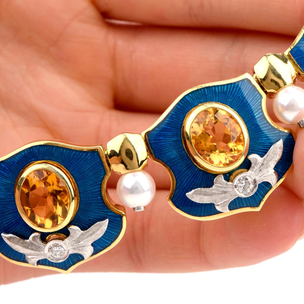 Women's Mitchell Peck Citrine Diamond Pearl 18 Karat Gold Platinum Collar Necklace