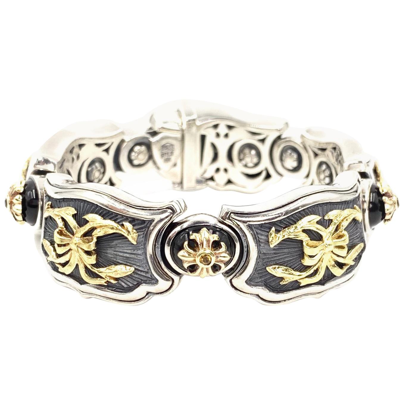 Mitchell Peck Sterling and Gold Shield Style Bracelet with Onyx and Citrine For Sale