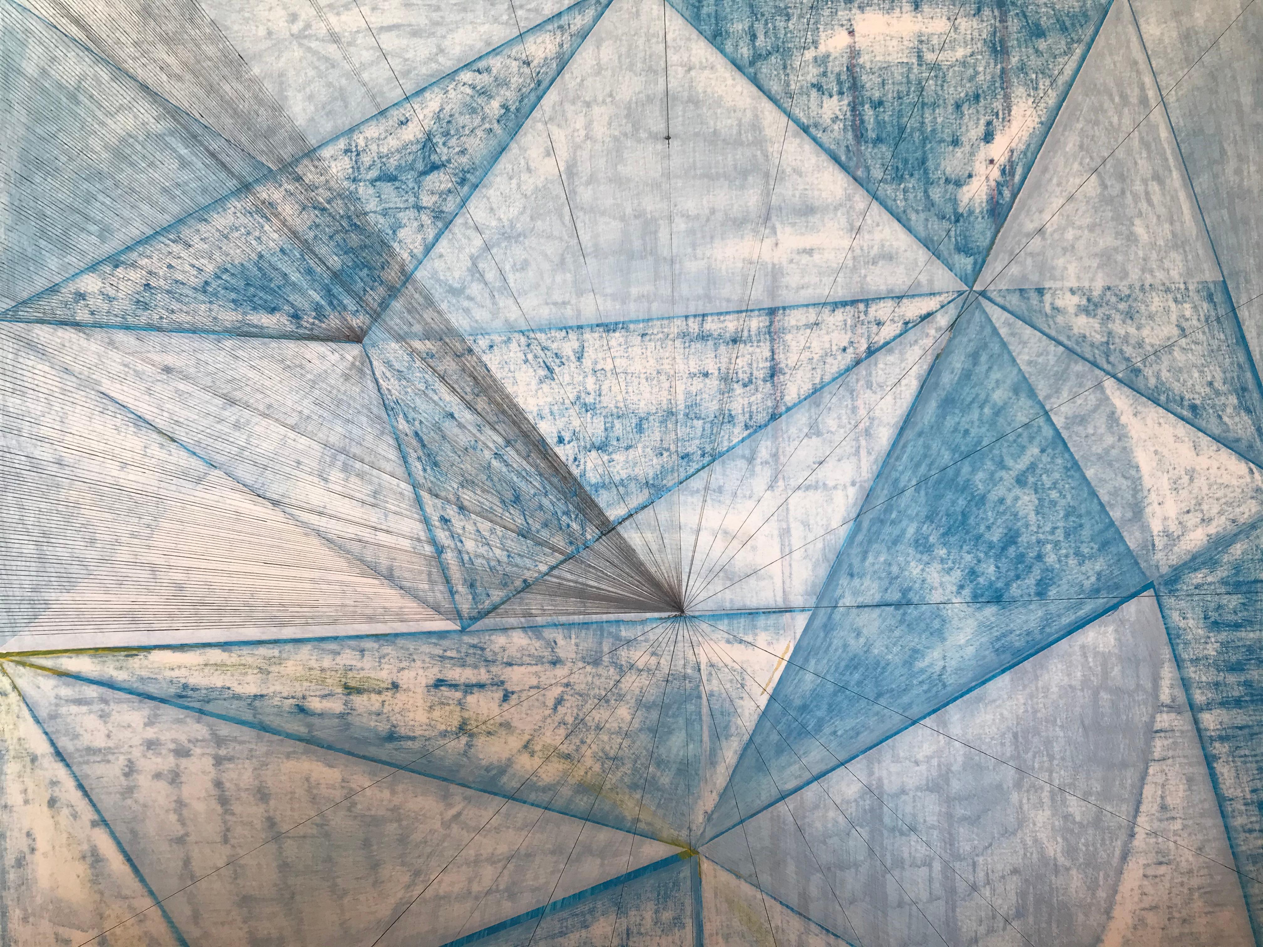 This blue monochrome painting by contemporary artist Mitchel Wright transports us to distant worlds beyond our comprehension. Within his seemingly infinite networks of lines, dots, and crosses, he decodes the recognizable to create something