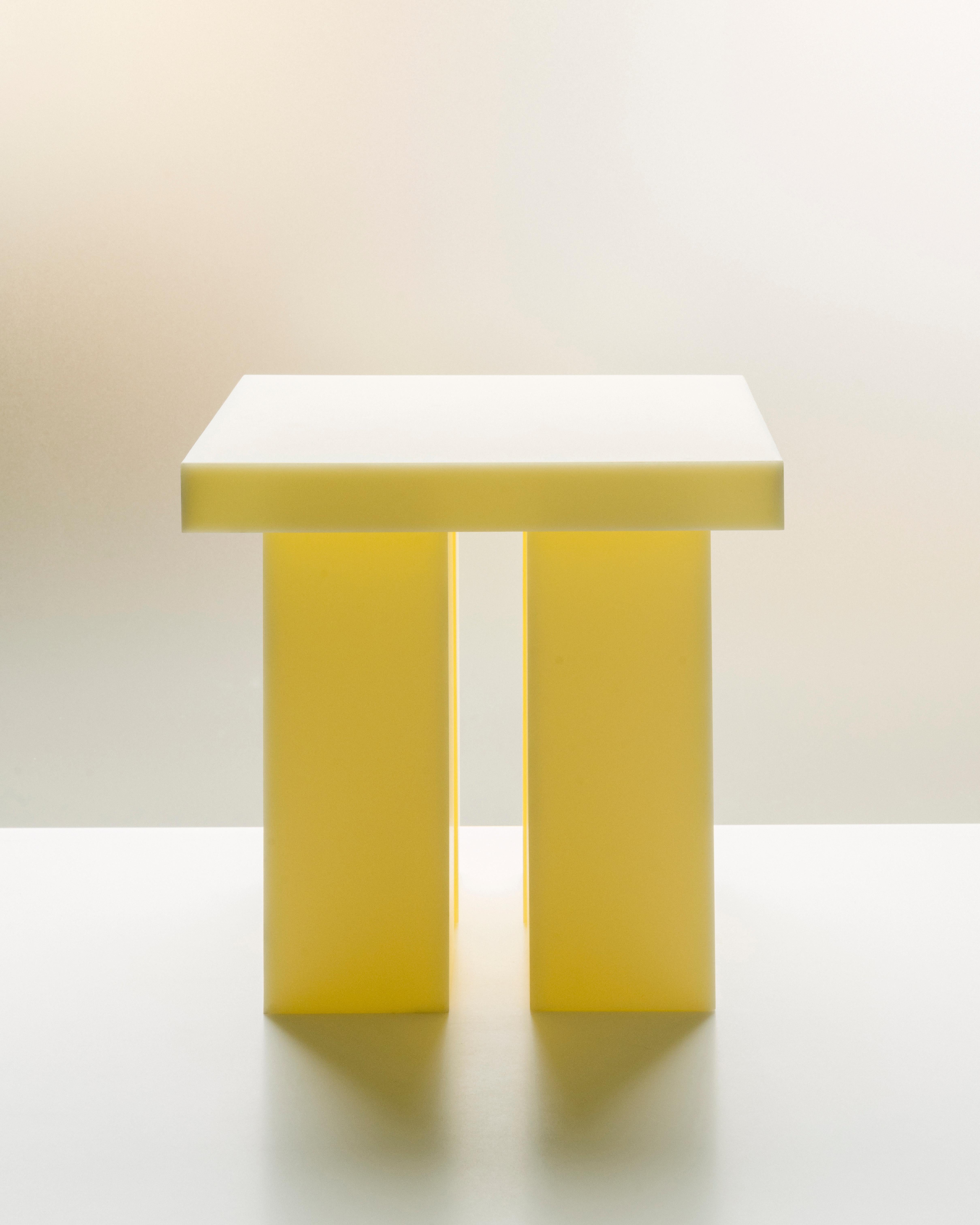 American Miter Side Table in Yellow Acrylic by Mock Studio For Sale