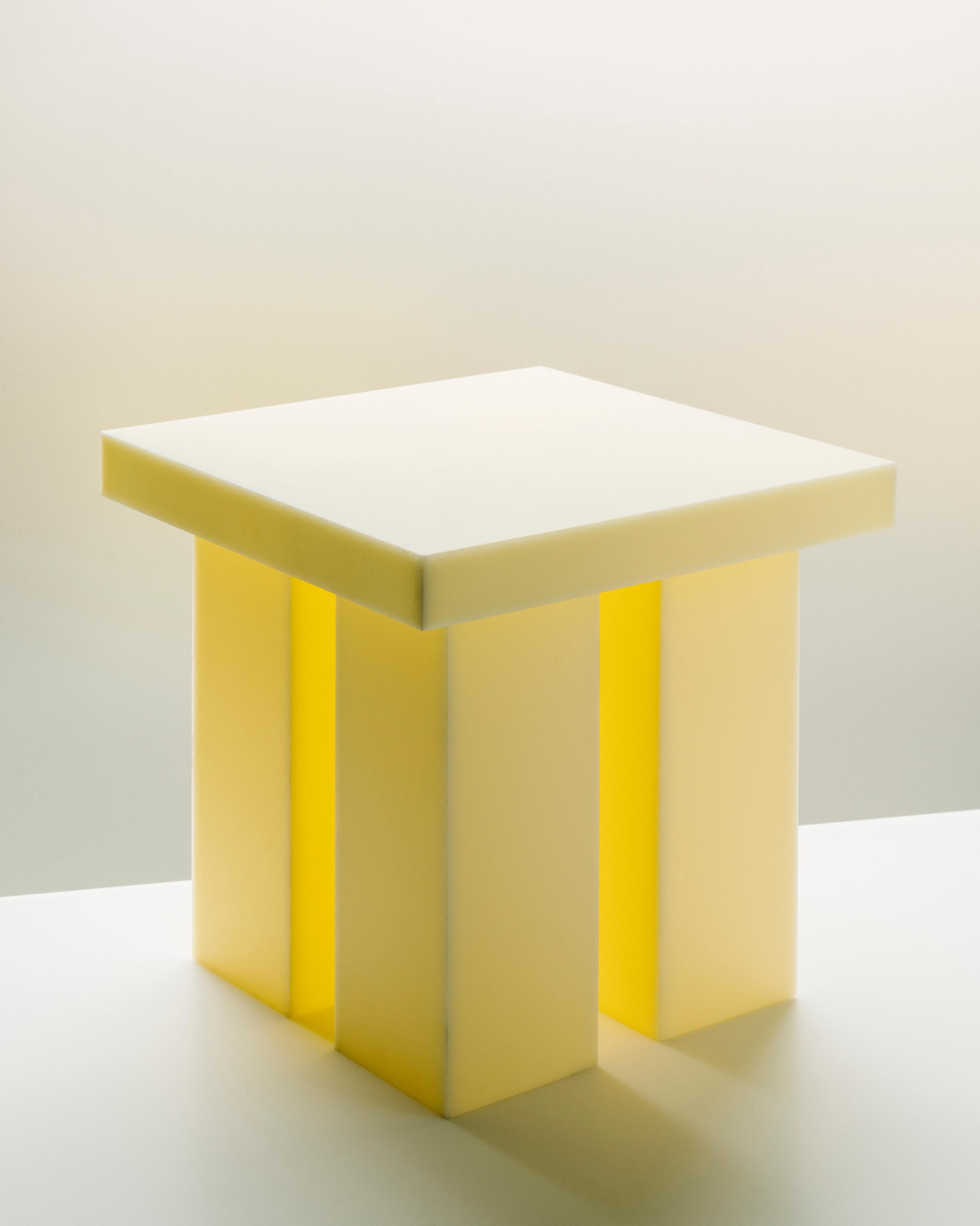 Miter Side Table in Yellow Acrylic by Mock Studio In Distressed Condition For Sale In Brooklyn, NY