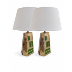 Coppia di lampade Mithé Espelt "Pyramide" con vetro cristallizzato e oro screziato