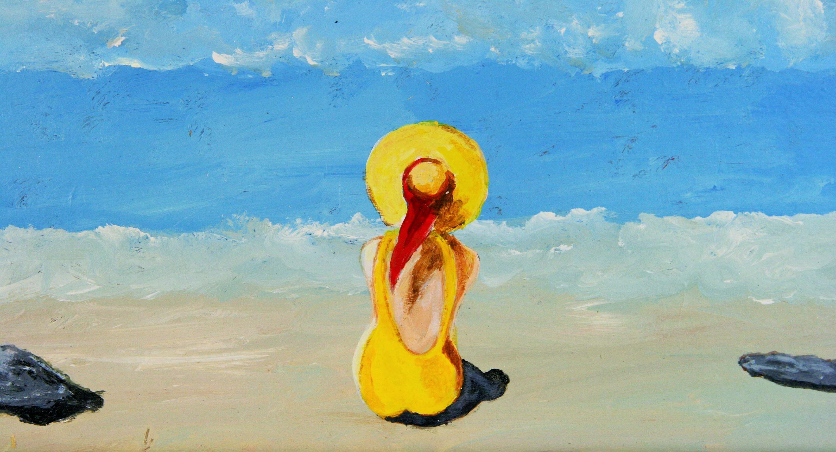 Paesaggio marino francese d'epoca Donna con costume da bagno giallo in Costa Azzurra - Painting di Mithan