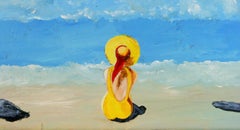 Vintage French Seascape Woman with Yellow Swim suite on The French Riviera