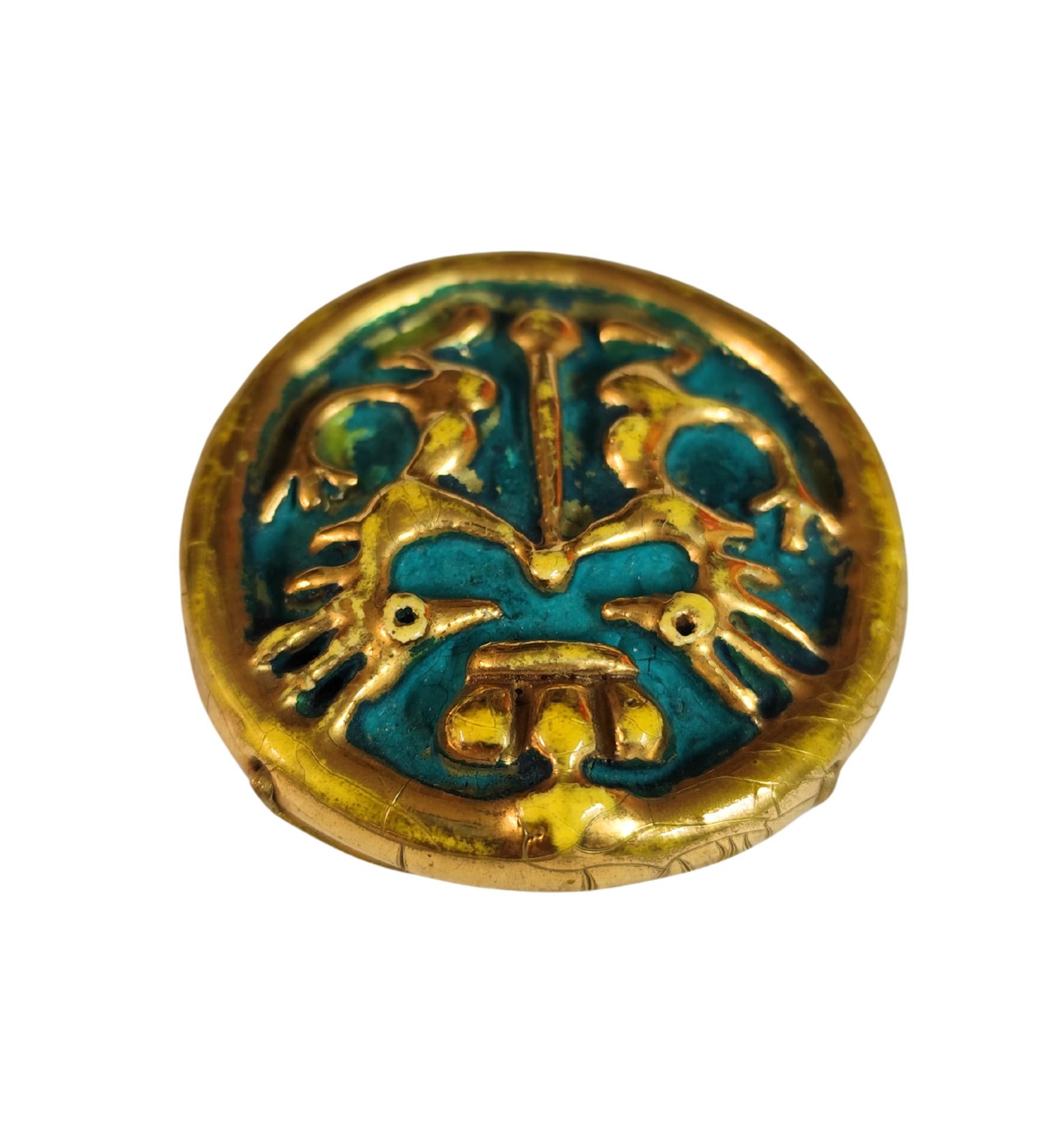 Marron Broche en céramique bleue et or Mithe Espelt 1950 en vente