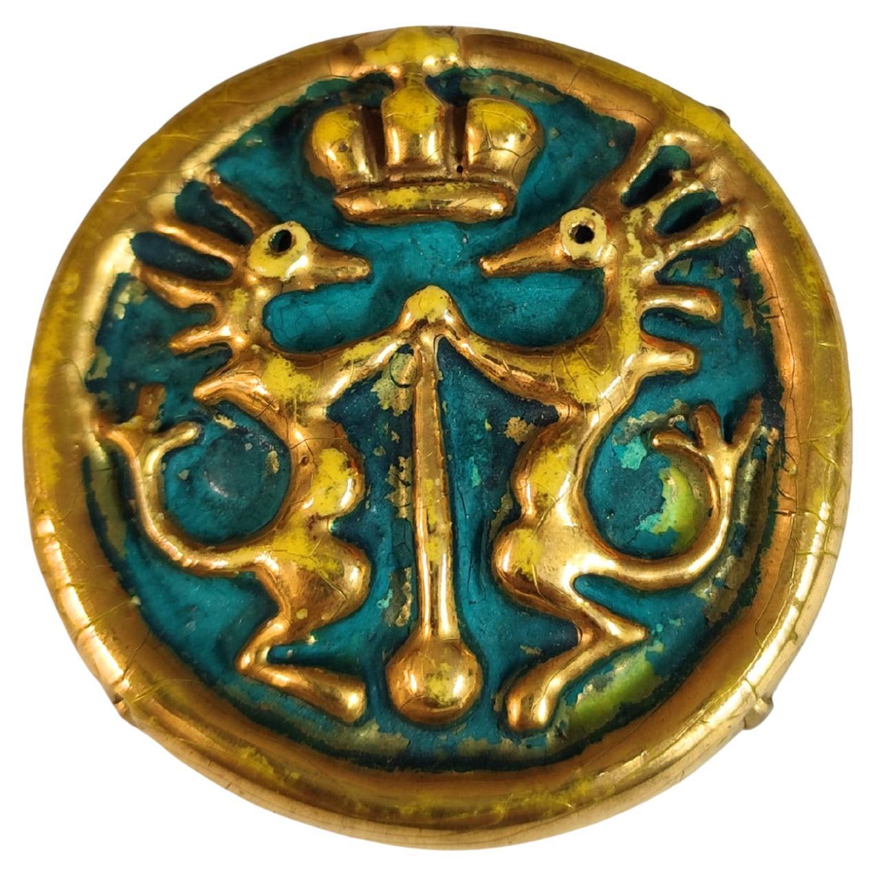 Mithe Espelt Broche de cerámica azul y dorada de los años 50