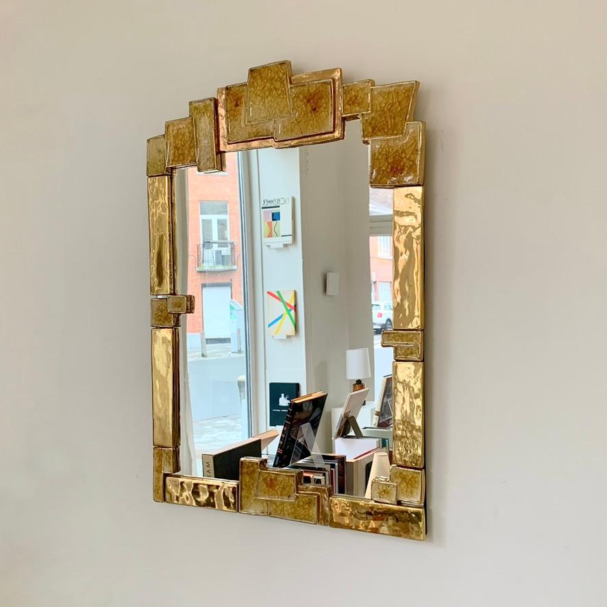 Mid-Century Modern Mithé Espelt Atelier Large Gold Ceramic Mirror, circa 1990, France.