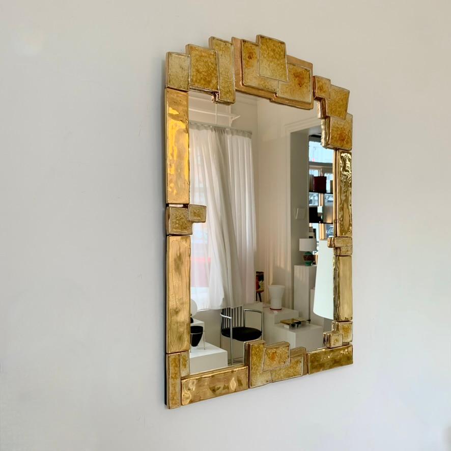 French Mithé Espelt Atelier Large Gold Ceramic Mirror, circa 1990, France.