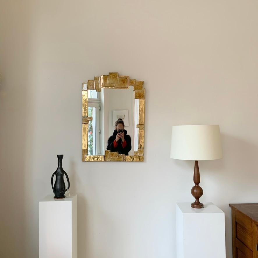 Enameled Mithé Espelt Atelier Large Gold Ceramic Mirror, circa 1990, France.