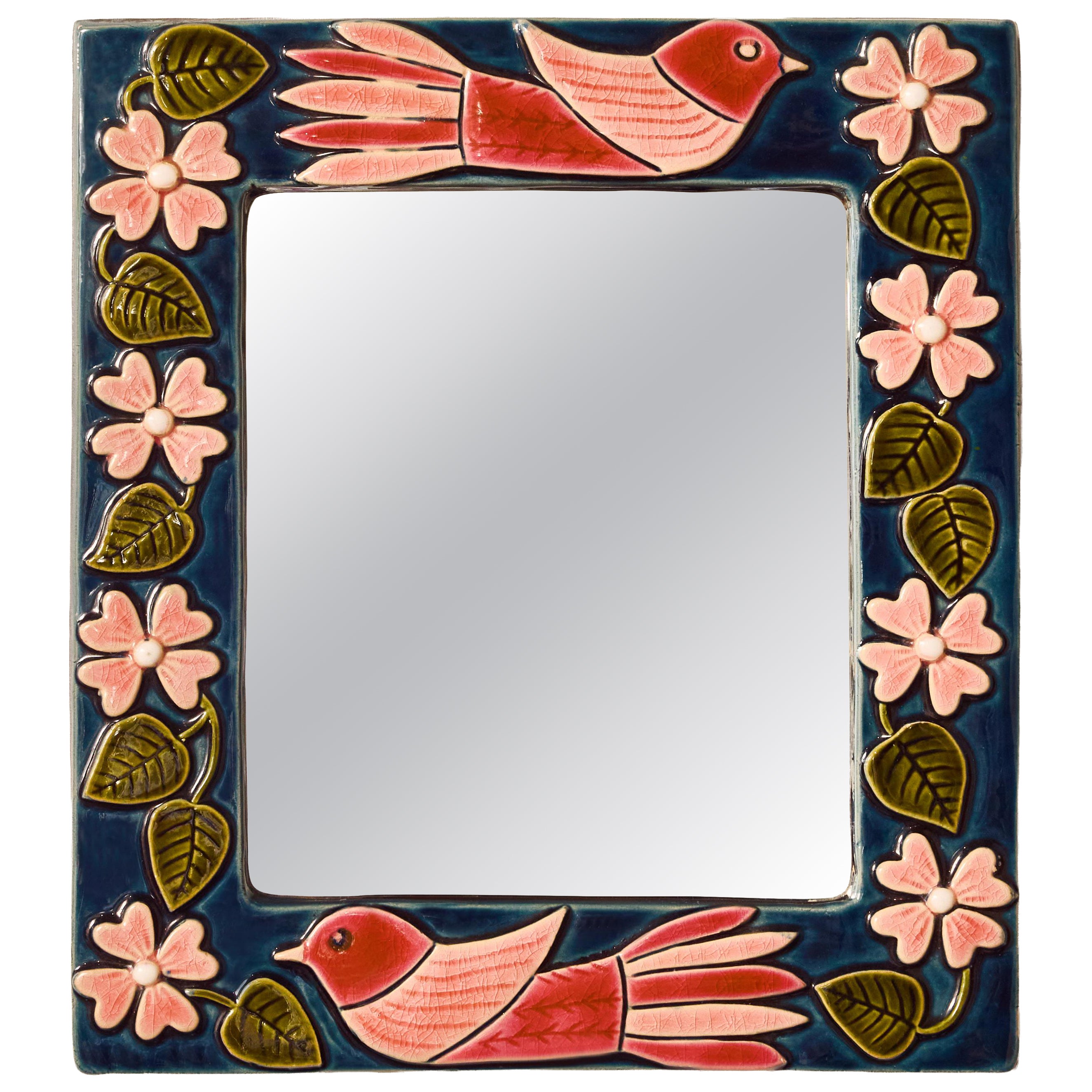Mithé Espelt Bird and Blossom Mirror in Glazed Ceramic For Sale